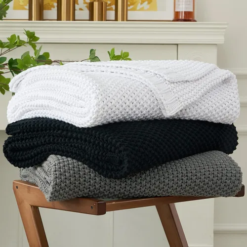 Vista 10 de Manta de punto gruesa de cable beige ligera 100% algodón orgánico para sofá, sofá cama, bebé, guardería, rústico, shabby chic, moderno, granja, 51