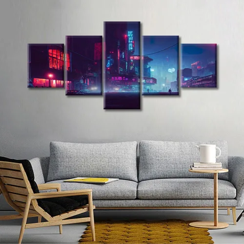 Vista 380 de Cuadros de 5 paneles de Cyberpunk City, arte de pared, representación de vallas publicitarias, edificios modernos en la capital con obras de arte