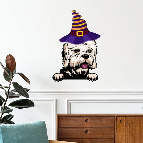 Vista 8 de Calcomanías de pared de Halloween con diseño de brujas y malinois, calcomanías de Halloween con texto en inglés "Happy Halloween" para decoración