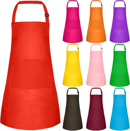 Vista 9 de Juego de 5 delantales para niños, delantal ajustable para niños con 2 bolsillos, delantal de chef para niños para pintar, cocinar, hornear, Negro