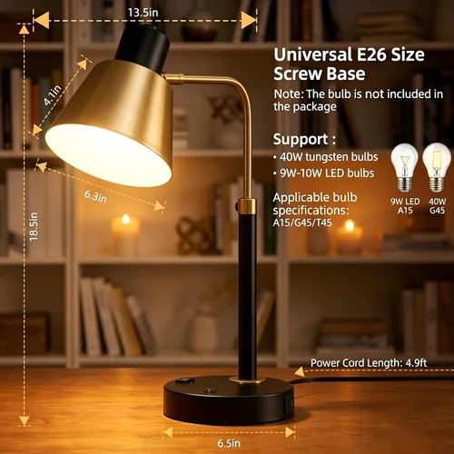 Vista 2 de Lámpara de escritorio con USB-C, USB-A y toma de CA, lámpara de escritorio de metal ajustable con cabezal giratorio de 340°, lámpara de mesa
