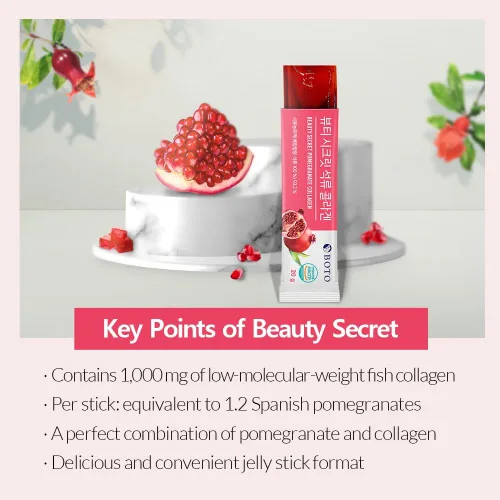 Vista 2 de BOTO Beauty Secret - Colágeno de granada 0.71 oz, gelatina de colágeno coreano Beauty, colágeno de pescado de bajo peso molecular, sabor a granada