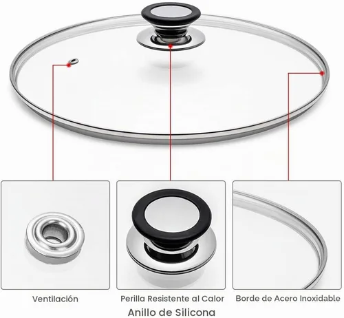 Vista 3 de Tapa de vidrio para sartén, sartén, sartén y tapa de sartén con mango recubierto de anillo de silicona, 9.5 pulgadas, transparente