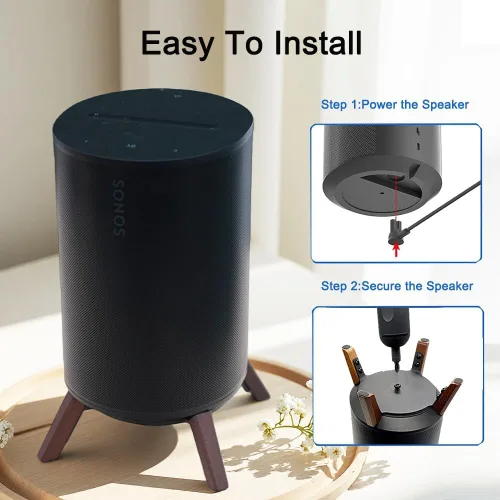 Vista 4 de Soporte de escritorio de madera natural para altavoz Sonos Era 100, soporte de trípode estable de madera con marco de metal, diseño de fácil
