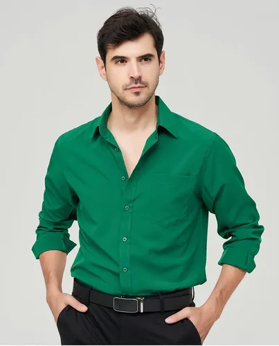 Vista 3 de corfty Camisa de vestir de manga larga para hombre, ajuste regular, elástica, sin arrugas, casual, con botones