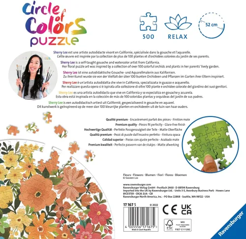 Vista 3 de Ravensburger Circle of Colors: Flowers - Rompecabezas redondo de madera de 500 piezas para adultos y niños, diseño único de piezas, vibrante y sin