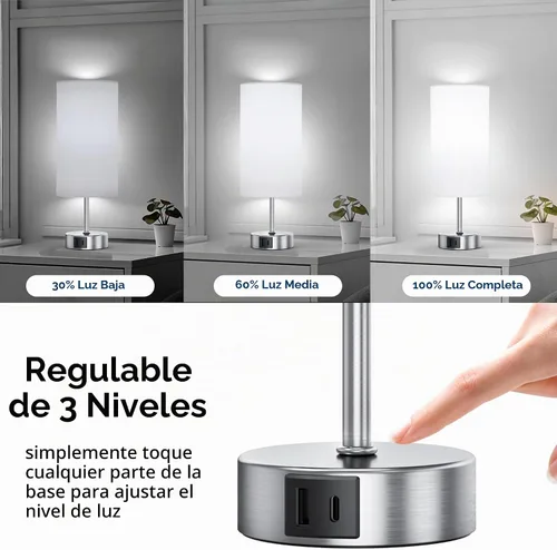Vista 3 de ROTTOGOON Lámpara de mesa con control táctil de 12.8 pulgadas, lámpara de mesita de noche pequeña regulable de 3 vías con 2 puertos USB, lámparas
