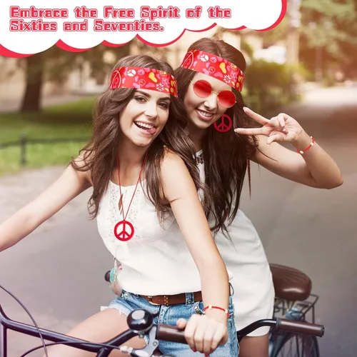 Vista 6 de Batiyeer 6 piezas de accesorios hippie para mujer, aretes bohemios con signo de la paz de los años 60 y 70, trajes para mujer, recuerdo de fiesta