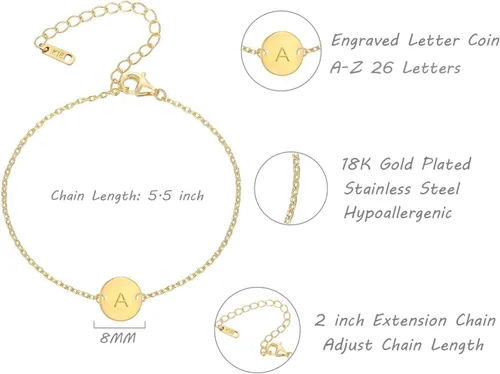 Vista 4 de Pulsera con dije de inicial para mujer, chapada en oro de 18 quilates, acero inoxidable, con disco de moneda, grabada, pulsera personalizada