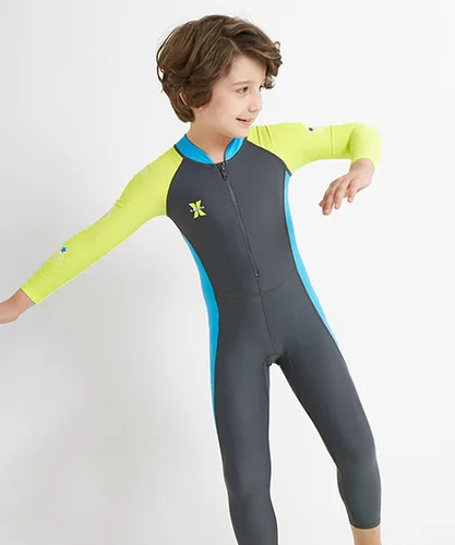 Vista 5 de LUCKYLUAN Traje de baño de cuerpo completo para niños y niñas, bloque de color, de una pieza, UPF 50, manga larga, protección contra erupciones