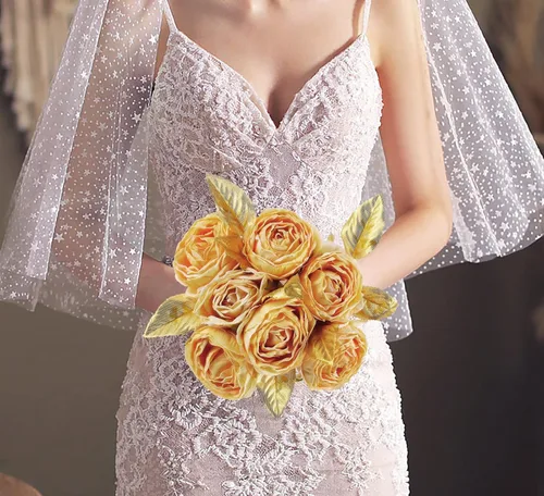 Vista 4 de 100 hojas de oro rosa artificiales a granel, hojas de rosa falsas para ramos de boda, centros de mesa, decoraciones de fiesta