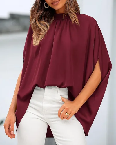 Vista 115 de BTFBM Blusas de verano para mujer, cuello alto falso, manga murciélago, holgadas, dobladillo alto y bajo, blusas informales de gran