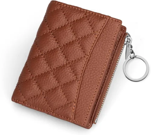 Vista 11 de befen Cartera delgada de cuero auténtico con RFID, billetera de dos pliegues para mujer con bolsillo con cremallera y llavero, Negro, Talla única