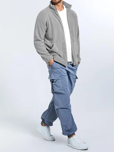Vista 4 de Runcati Chaqueta de forro polar Sherpa para hombre, cremallera completa, cuello alto, casual, otoño, invierno, abrigo cálido para exteriores