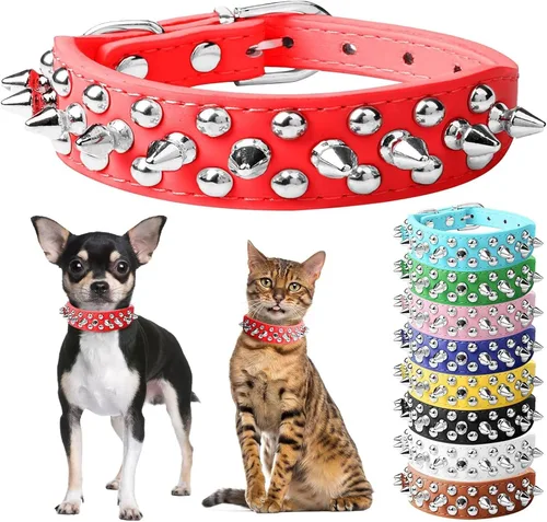 Vista 8 de Collar de perro y gato negro con púas pequeñas para perros pequeños y medianos machos – Collar ajustable con tachuelas – Collar de cuero punk