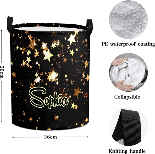 Vista 5 de Cesta de lavandería personalizada con estrella dorada con nombre y texto, impermeable, para dormitorio, sala de estar, cesta de almacenamiento