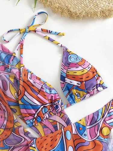 Vista 4 de SOLY HUX Traje de baño de 3 piezas para mujer con estampado de triángulo halter