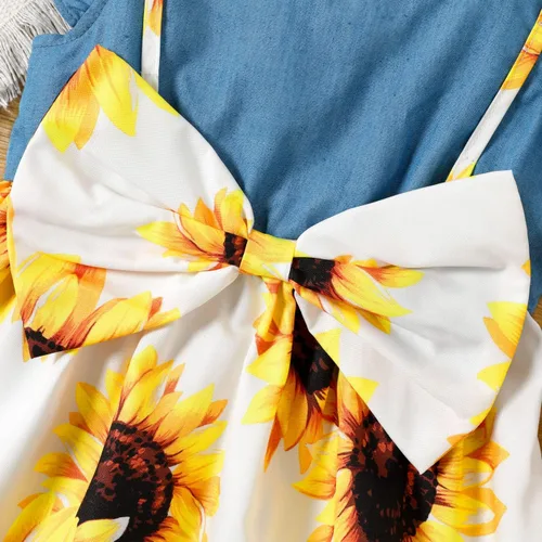 Vista 2 de PATPAT Vestidos de verano sin mangas para niña pequeña, ropa de verano para bebé, mezclilla con lazo, falda floral, vestido de verano de 3 a 24 meses