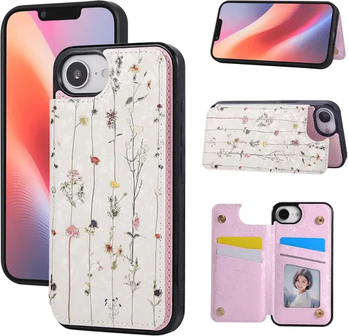 Vista 15 de UEEBAI Funda tipo cartera para iPhone 13 con tarjeteros, piel sintética, diseño floral, función atril, bloqueo RFID, doble cierre magnético, funda