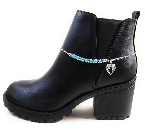 Vista 5 de Angel Wings Heart Boot Bracelet Chain Blue Turquoise Gemstone 15 Inch Adjustable Size Double Clasp Gift Boxed