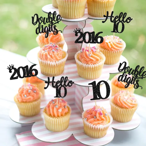 Vista 4 de Gyufise Paquete de 24 adornos negros para cupcakes de 10.º cumpleaños con purpurina negra 10 Ten Hello 10 Dights dobles desde 2015 para decoraciones