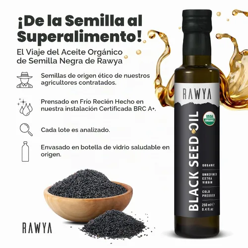 Vista 2 de RAWYA Aceite de semilla negra – Certificado orgánico USDA – prensado en frío – 8.4 onzas líquidas – Extra virgen – Semilla de comino negro turco