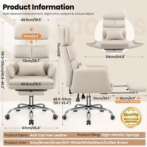 Vista 2 de Silla de oficina de cuero grande y alta, brazos abatibles con Beige