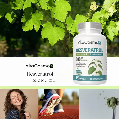 Vista 5 de Suplementos de resveratrol, cápsulas veganas, 120 unidades, trans-resveratrol con extracto de uva roja, sin OMG