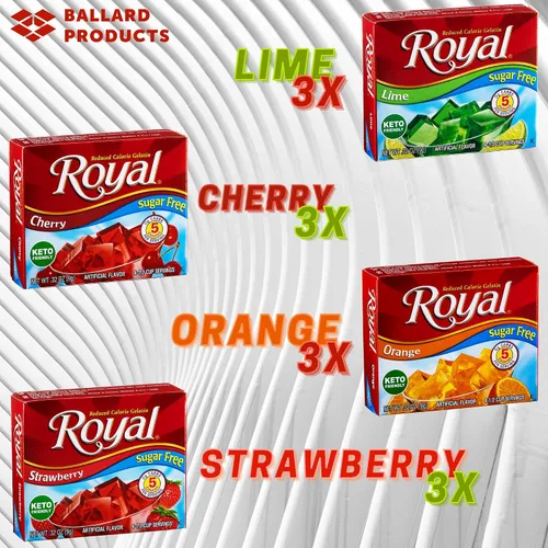 Vista 3 de Royal Gelatin - Paquete variado de 12 unidades sin azúcar, 3 cajas cada una, fresa, lima, naranja y cereza, para hacer postres de gelatina bajos