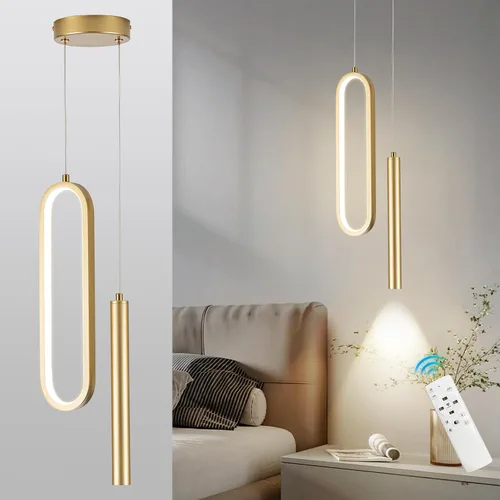 Vista 11 de Lámpara colgante LED moderna dorada mini con control remoto, 2 anillos, 24W, temperatura de color de 3 pasos, intensidad ajustable sin escalones