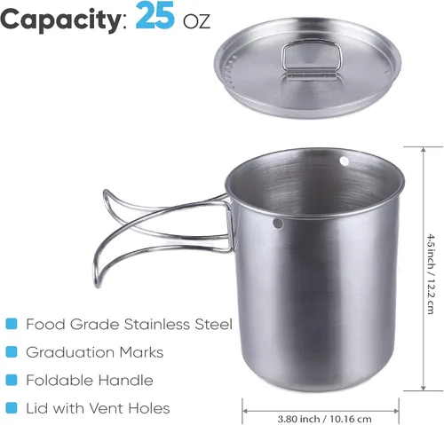 Vista 4 de Botella de agua de acero inoxidable Gearland con taza de camping anidada y tapa para bolsa de evacuación, equipo de supervivencia en la naturaleza