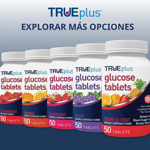 Vista 6 de TRUEplus® Tabletas de glucosa, sabor surtido (uva, frambuesa, naranja) - Botella de 50 unidades, paquete de 3
