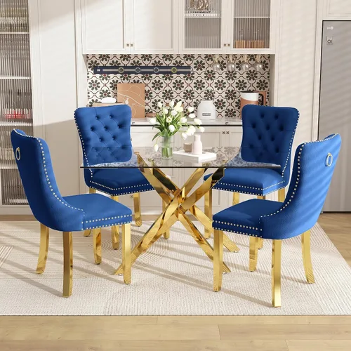 Vista 20 de Juego de mesa de comedor de 51 pulgadas de vidrio para 4, mesa de cocina rectangular de vidrio con 4 sillas tapizadas con acentos de terciopelo