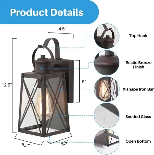 Vista 5 de Luces de pared para exteriores, apliques de pared exterior con vidrio semillado, faroles de bronce impermeables y antioxidantes para puerta