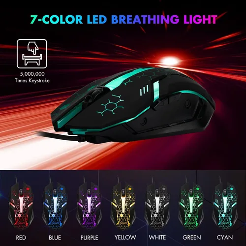Vista 5 de CHONCHOW Combo de teclado y mouse para juegos, cable USB de 104 teclas de tamaño completo, micrófono de teclado iluminado de 3600 DPI, sensación