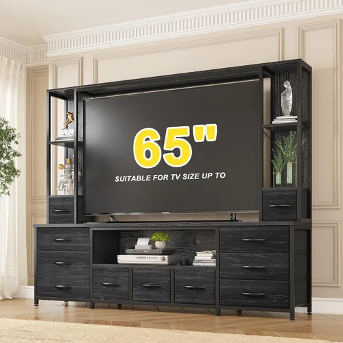 Vista 5 de EnHomee Soporte de TV de 65 pulgadas para sala de estar, gran centro de entretenimiento con 11 cajones de tela, 2 luces LED y tomas de corriente