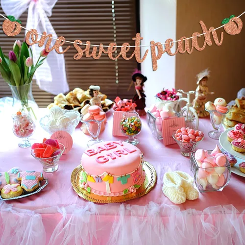 Vista 4 de Cartel con texto en inglés «One Sweet Peach» con tema de durazno para niños, decoración de fiesta de baby shower, suministros para niños y niñas