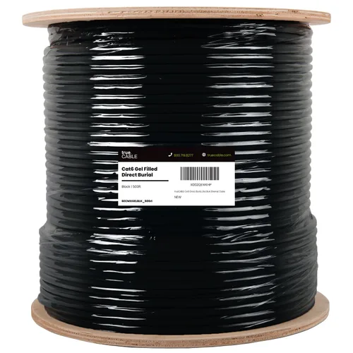 Vista 2 de TRUE CABLE Ethernet Cat6 Direct Burial a granel, relleno de gel, sin blindaje, 500 pies, negro, chaqueta OSP para exteriores, impermeable