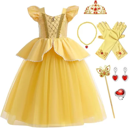 Vista 17 de FMYFWY Disfraz de princesa de Bella para niñas, disfraz de belleza y bestia, Halloween, Navidad, boda, cumpleaños (accesorios)
