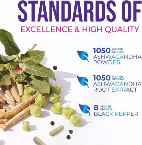Vista 7 de Ashwagandha Supplements - La mejor cápsula de raíz y polvo de Ashwagandha con pimienta negra para una máxima absorción, calma y descanso