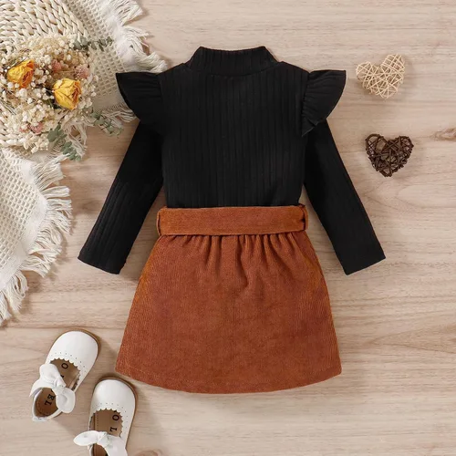 Vista 4 de TBUIALL Conjunto de dos piezas para niñas pequeñas, con volantes, manga larga, acanalado, cuello alto, camiseta de cuello alto, camiseta para bebé