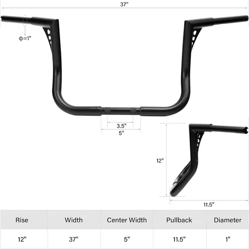 Vista 4 de TCMT Barra Ape Hanger Negra de 12" Rise, Manillar Grueso de 1-1/4", Compatible con Harley Dressers Baggers Touring CVO Street Glide Tri Glide