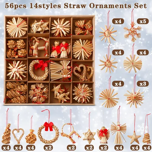 Vista 2 de Juego de 56 adornos de paja escandinavos de Navidad, incluyendo estrellas, copos de nieve, corazones, corona de ángel, cabras/julbuck para árbol