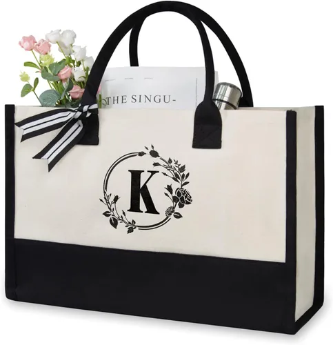 Vista 214 de TOPDesign Personalized Initial Canvas Beach Bag, Monogrammed Gift Tote Bag for Women