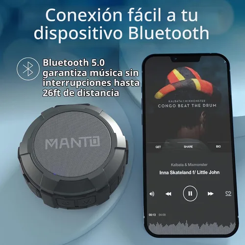 Vista 4 de MANTO Altavoz Bluetooth, altavoz Bluetooth portátil de ducha Bluetooth IPX5, sonido estéreo, compatible con tarjeta micro SD para el hogar, fiesta