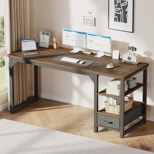 Vista 20 de Mericonia Escritorio de computadora, escritorio de juegos para espacios pequeños, mesa moderna de estilo simple para oficina en casa, mesa de Negro