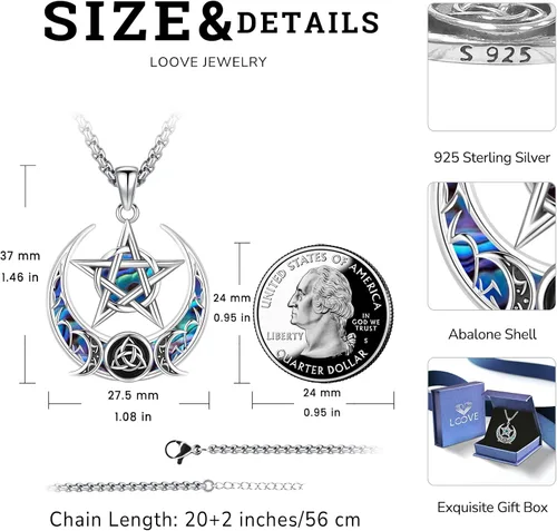 Vista 210 de Collar de pentagrama de plata de ley con triple luna, diosa celta, nudo celta, nudo de brujas, Ankh, sol y luna, Hécate, lilith, Santa Muerte