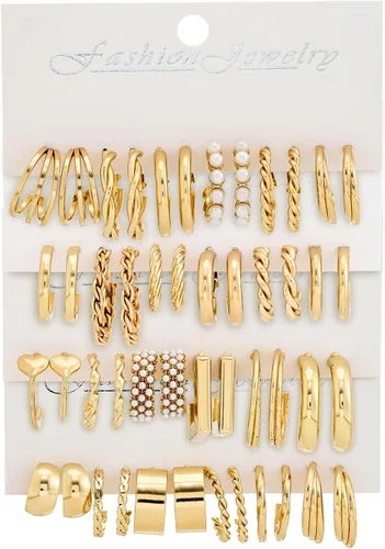 Vista 3 de 24 pares de aretes de aro para niñas y mujeres, aretes geométricos de moda, aretes de tuerca de moda, regalo de joyería para fiesta de cumpleaños