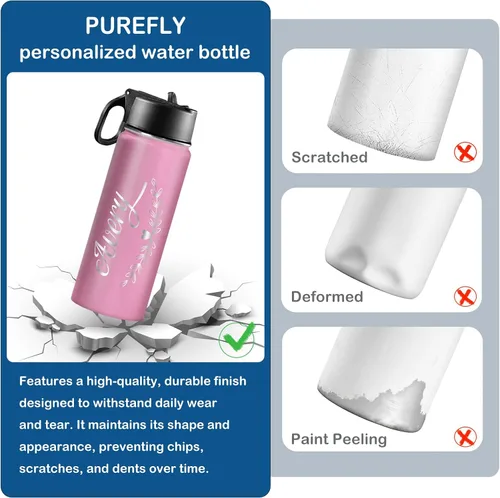 Vista 6 de PUREFLY Se envía desde Estados Unidos, Botella de agua personalizada para niños y adultos con nombre grabado, Botella de agua deportiva de acero