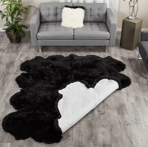 Vista 96 de HUAHOO Alfombra de piel de oveja genuina prémium Negra Real de Australia Piel de oveja natural de lujo, alfombra esponjosa de lana de cordero